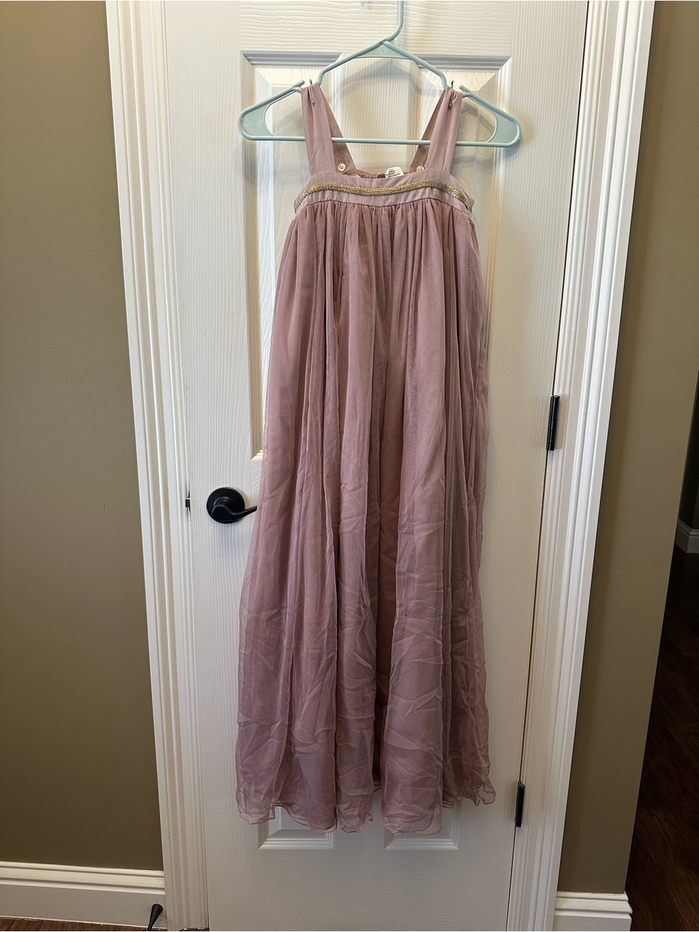 Girls' Dusty Rose Tulle Maxi Dress with Elegant Trim